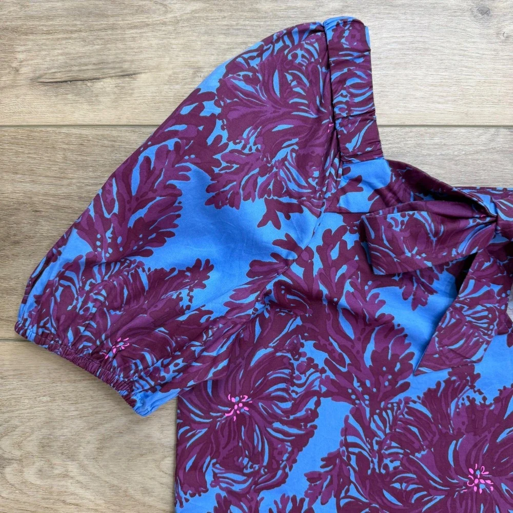 Lilly Pulitzer Torrey Top Blue Purple Floral Puff Sleeve Square Neck Blouse 14